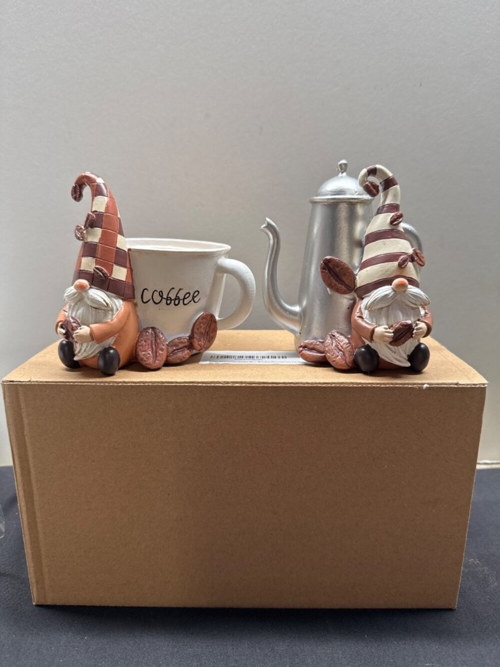 Coffee-Themed Gnome Figurines Set With Mug & Pot Decoration Brown & White 6.5 In